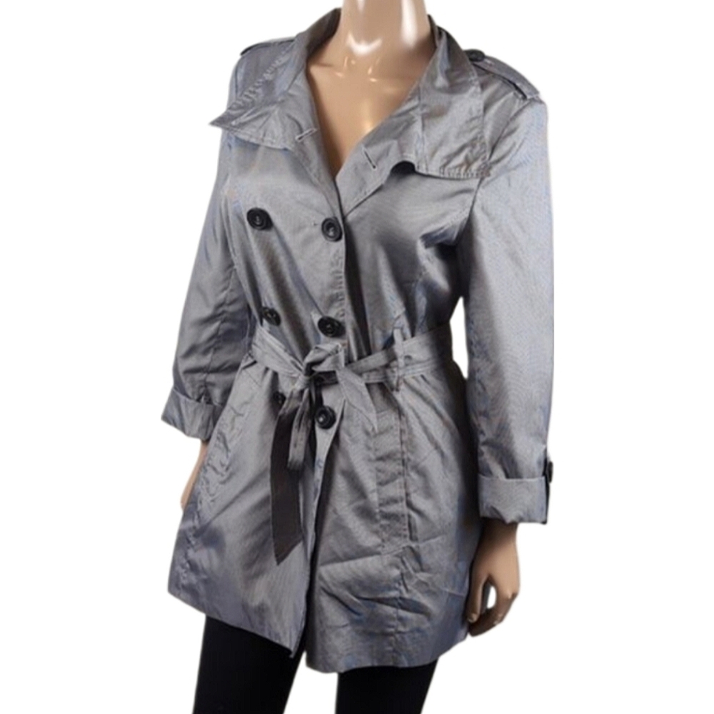 Cleo Military Trench Coat Double Breasted Tie Waist Belted Checker Funnel Neck